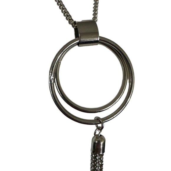 Long Concentric Circle Tassel Pendant Necklace Dangle Silver Tone Link Chain 25" - Picture 4 of 7